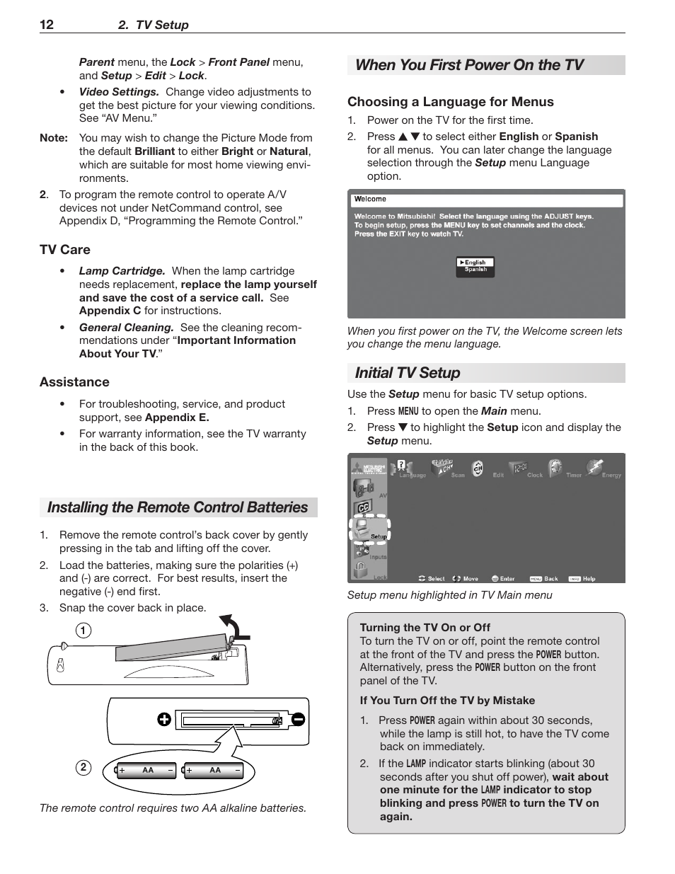Installing the remote control batteries, When you first power on the tv, Initial tv setup | Mitsumi electronic WD-Y577 User Manual | Page 12 / 84