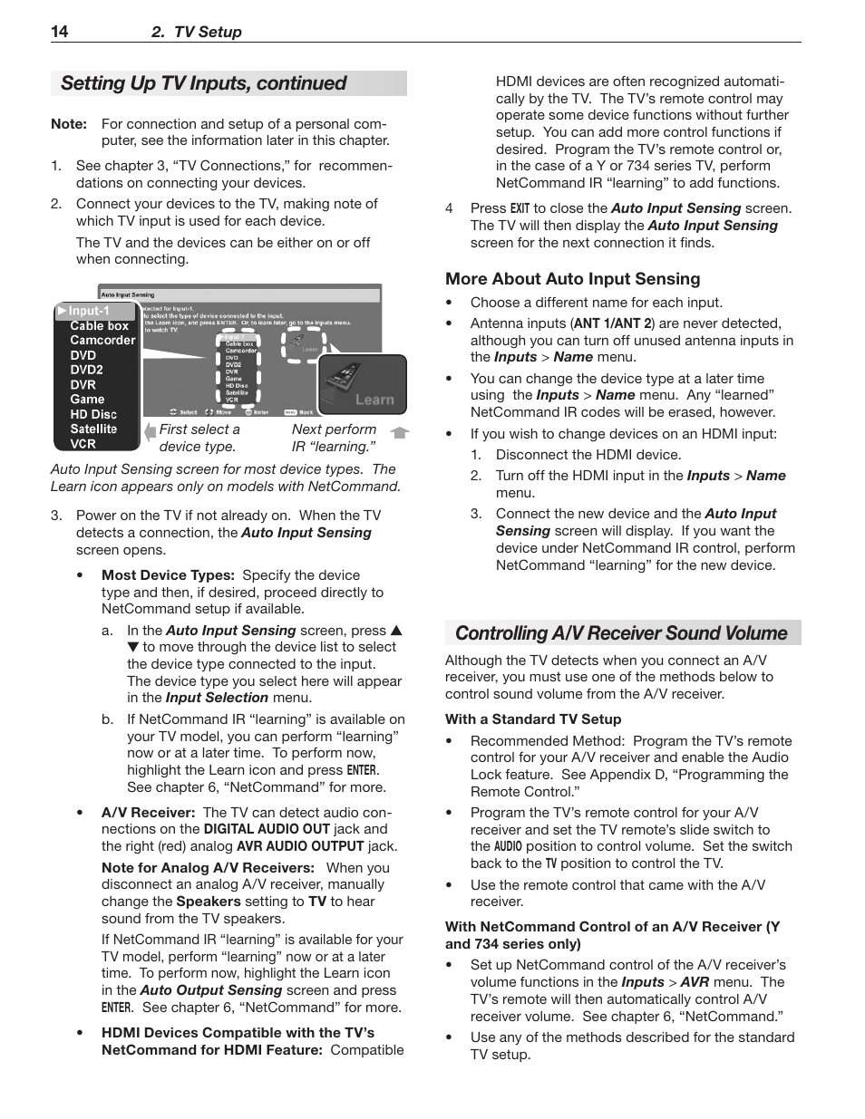 Setting up tv inputs, continued, Controlling a/v receiver sound volume | Mitsumi electronic WD-Y577 User Manual | Page 14 / 84