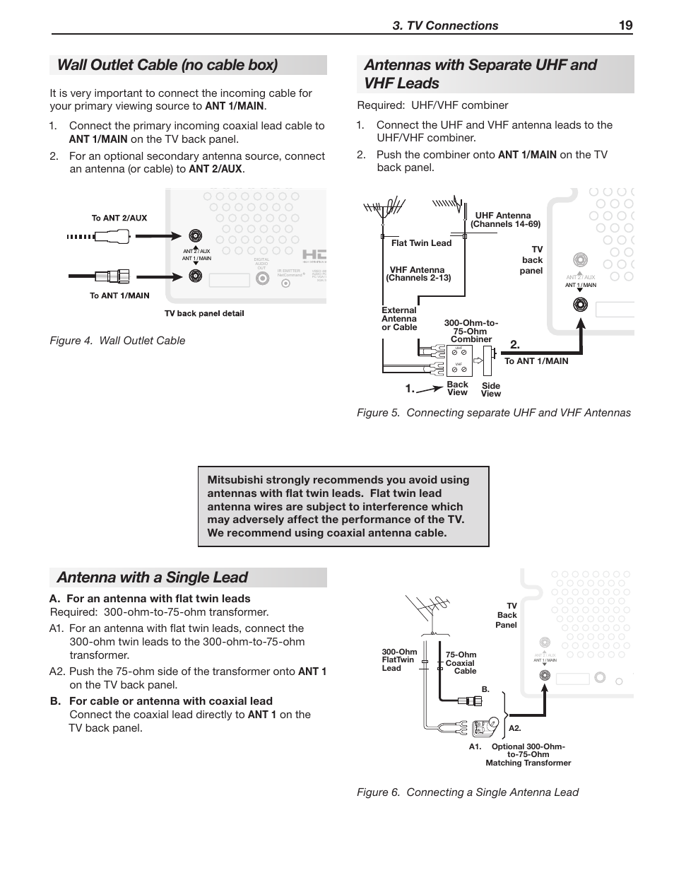 Wall outlet cable (no cable box), Antenna with a single lead, Antennas with separate uhf and vhf leads | Tv connections, Figure 4. wall outlet cable, Figure 5. connecting separate uhf and vhf antennas | Mitsumi electronic WD-Y577 User Manual | Page 19 / 84
