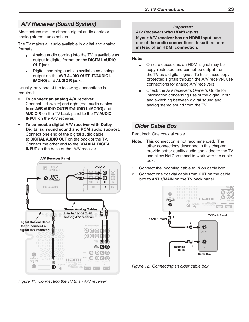Older cable box, A/v receiver (sound system), Tv connections | Figure 12. connecting an older cable box | Mitsumi electronic WD-Y577 User Manual | Page 23 / 84