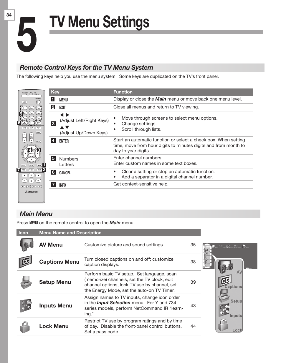 Tv menu settings | Mitsumi electronic WD-Y577 User Manual | Page 34 / 84