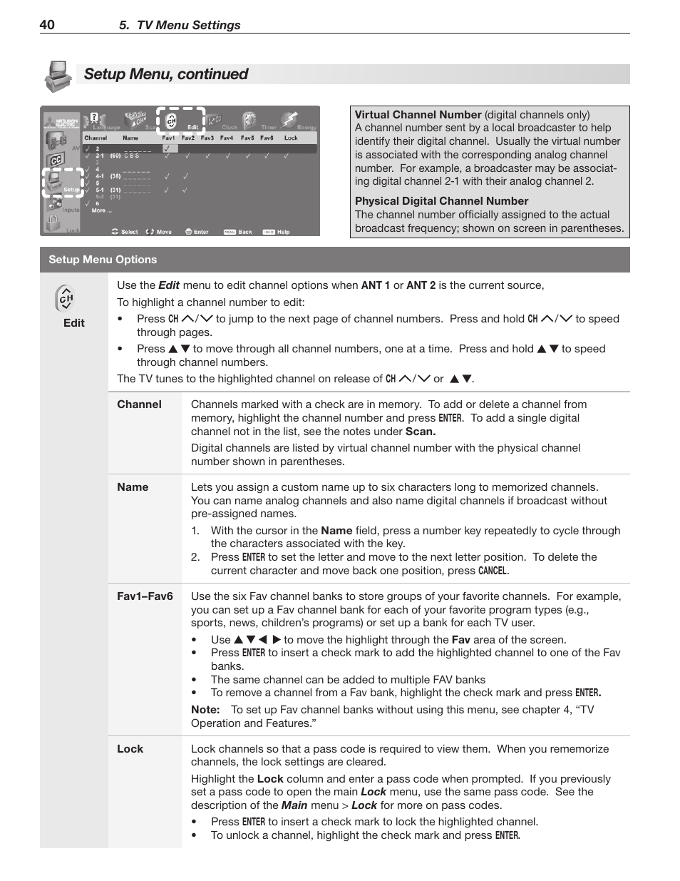 Setup menu, continued | Mitsumi electronic WD-Y577 User Manual | Page 40 / 84
