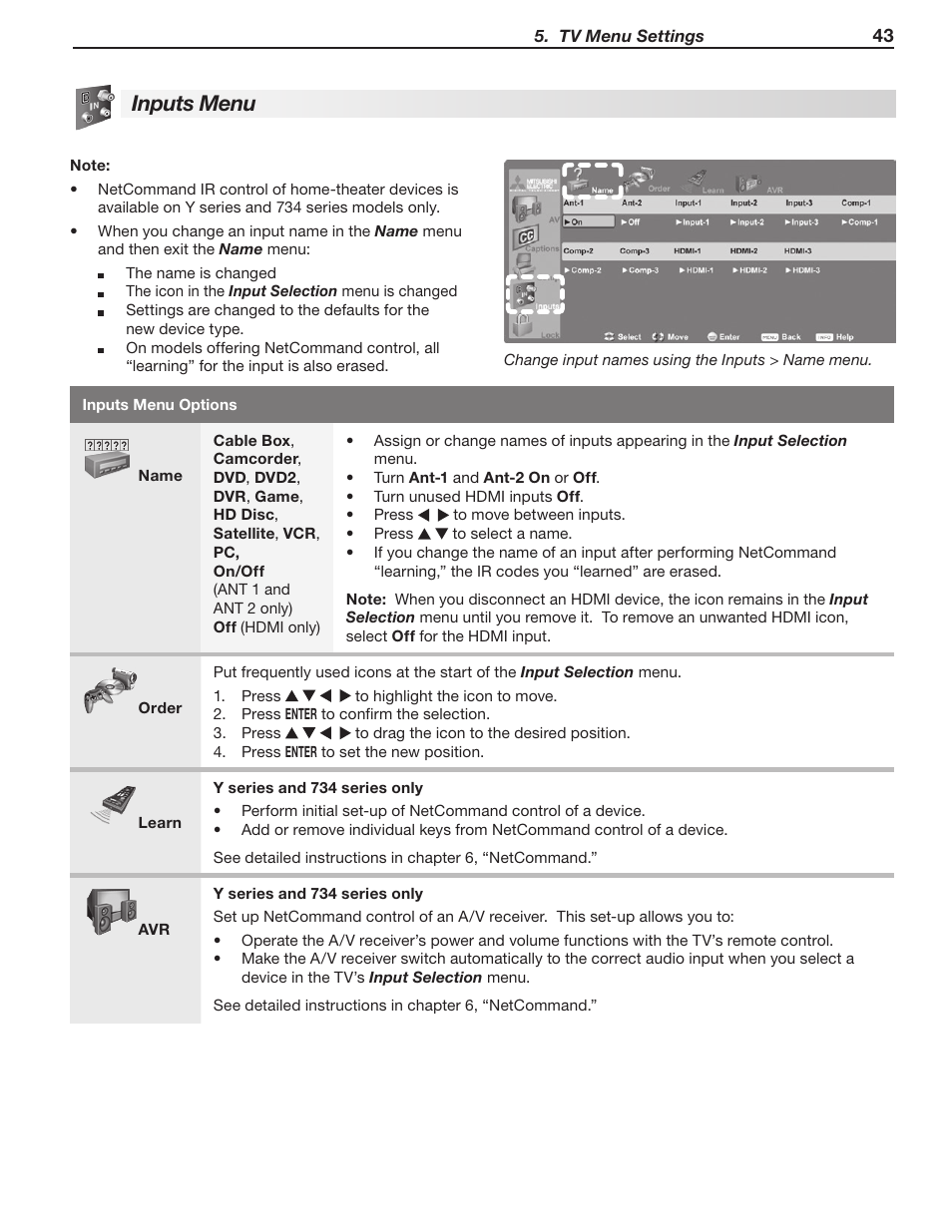 Inputs menu | Mitsumi electronic WD-Y577 User Manual | Page 43 / 84