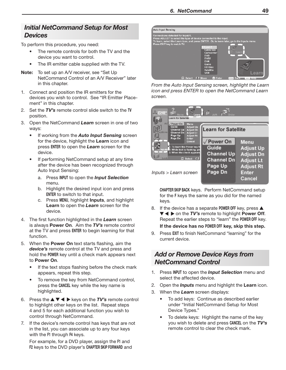 Initial netcommand setup for most devices, Add or remove device keys from netcommand control | Mitsumi electronic WD-Y577 User Manual | Page 49 / 84