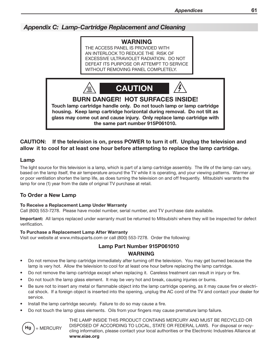Caution, Burn danger! hot surfaces inside, Warning | Mitsumi electronic WD-Y577 User Manual | Page 61 / 84