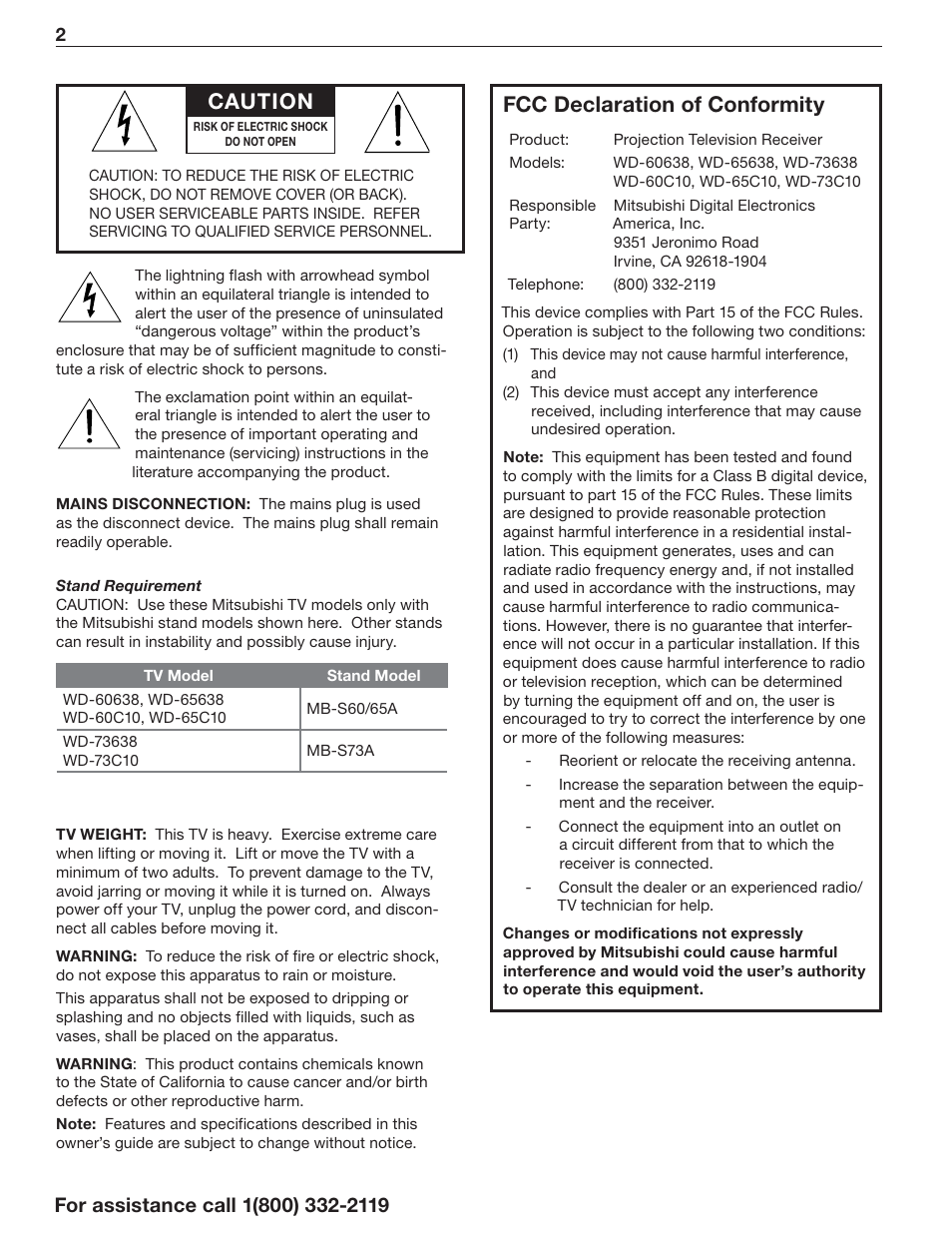 Fcc declaration of conformity, Caution | Mitsumi electronic C10 SERIES User Manual | Page 2 / 40