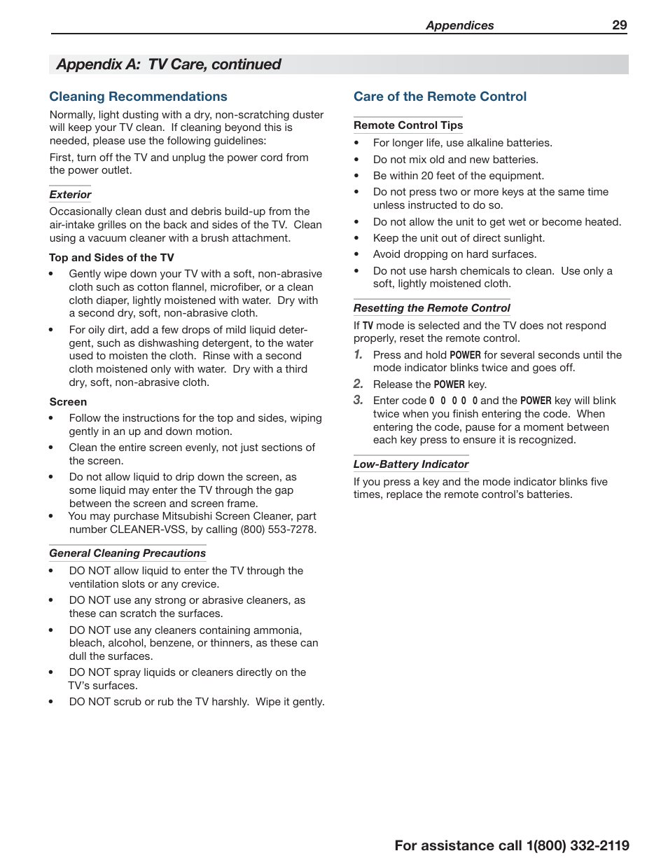 Appendix a: tv care, continued | Mitsumi electronic C10 SERIES User Manual | Page 29 / 40