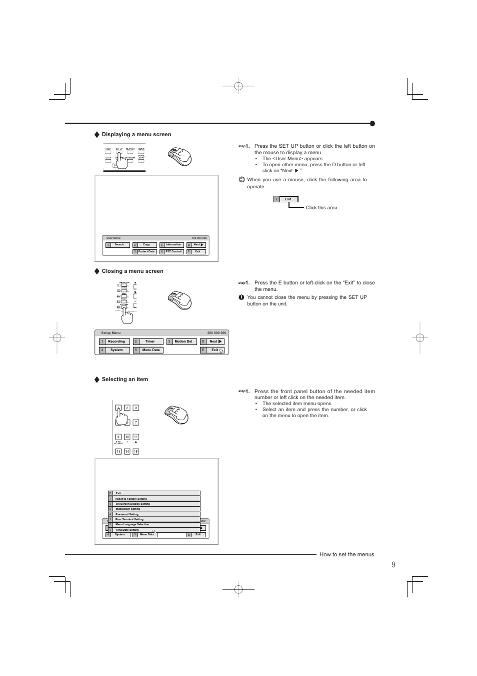 How to set the menus displaying a menu screen, Closing a menu screen, Selecting an item | Click this area | Mitsumi electronic DX-TL4716U User Manual | Page 13 / 44
