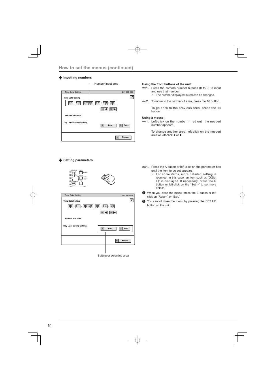 How to set the menus (continued), Inputting numbers, Setting parameters | Mitsumi electronic DX-TL4716U User Manual | Page 14 / 44
