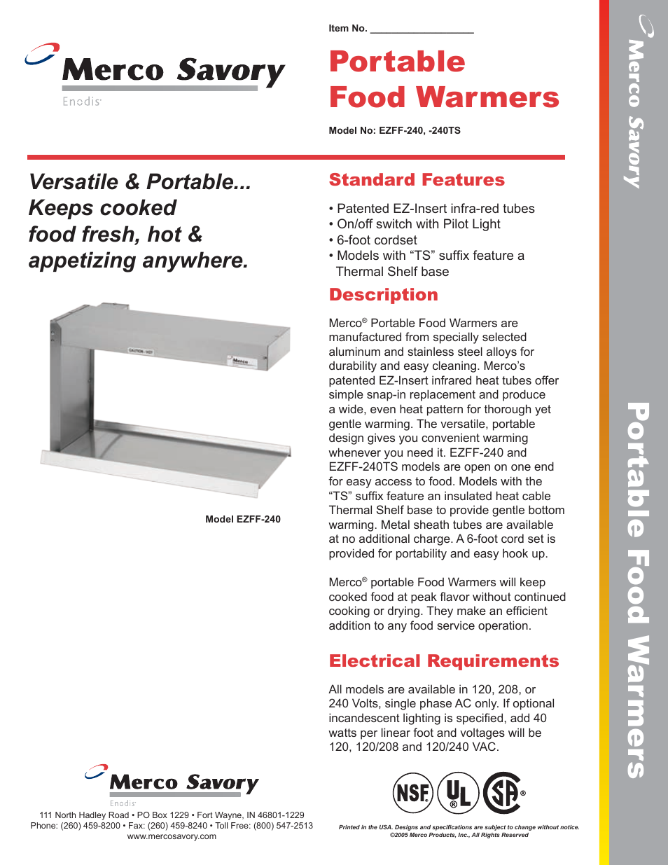 Merco Savory Portable Food Wamers EZFF-240TS User Manual | 2 pages