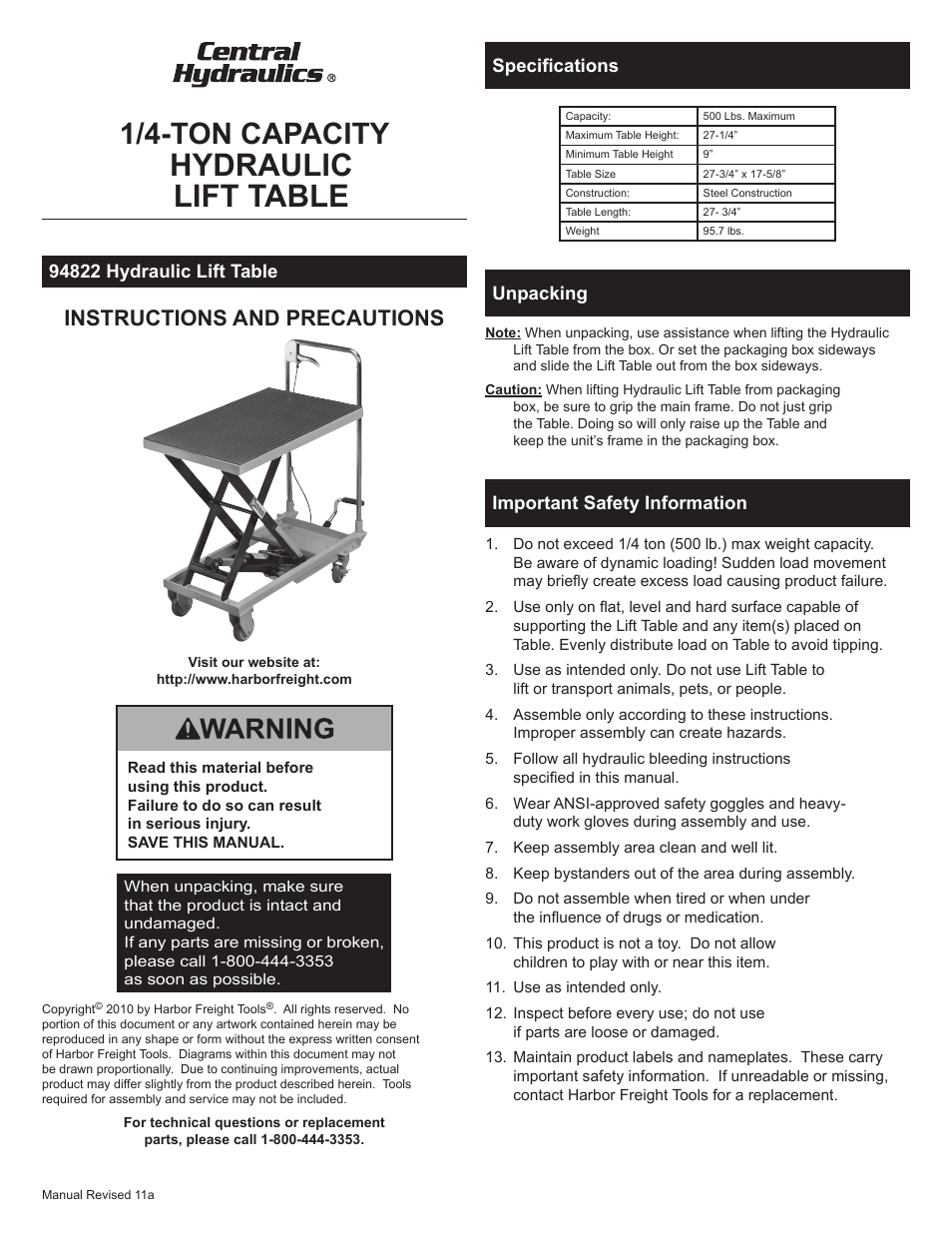 Melnor Industries 1/4 Ton Capacity Hydraulic Lift Table 94822 User Manual | 7 pages