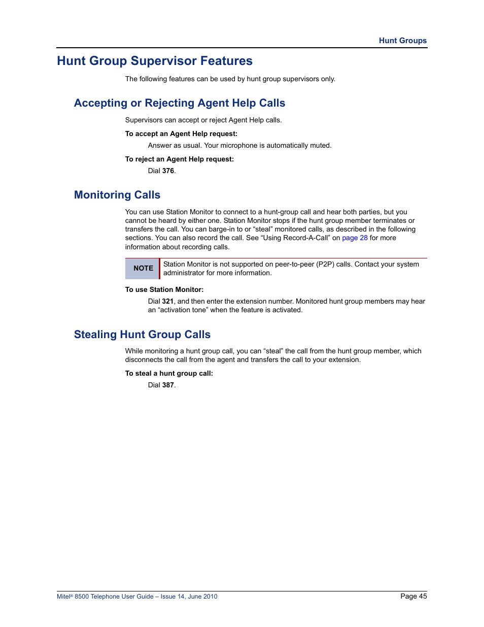 Hunt group supervisor features, Accepting or rejecting agent help calls, Monitoring calls | Stealing hunt group calls | Mitel 8500 User Manual | Page 57 / 66