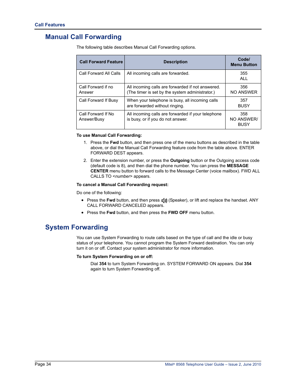 Manual call forwarding, System forwarding, Manual call forwarding system forwarding | E “manual call forwarding” on, System forwarding” on | Mitel 8568 User Manual | Page 48 / 86
