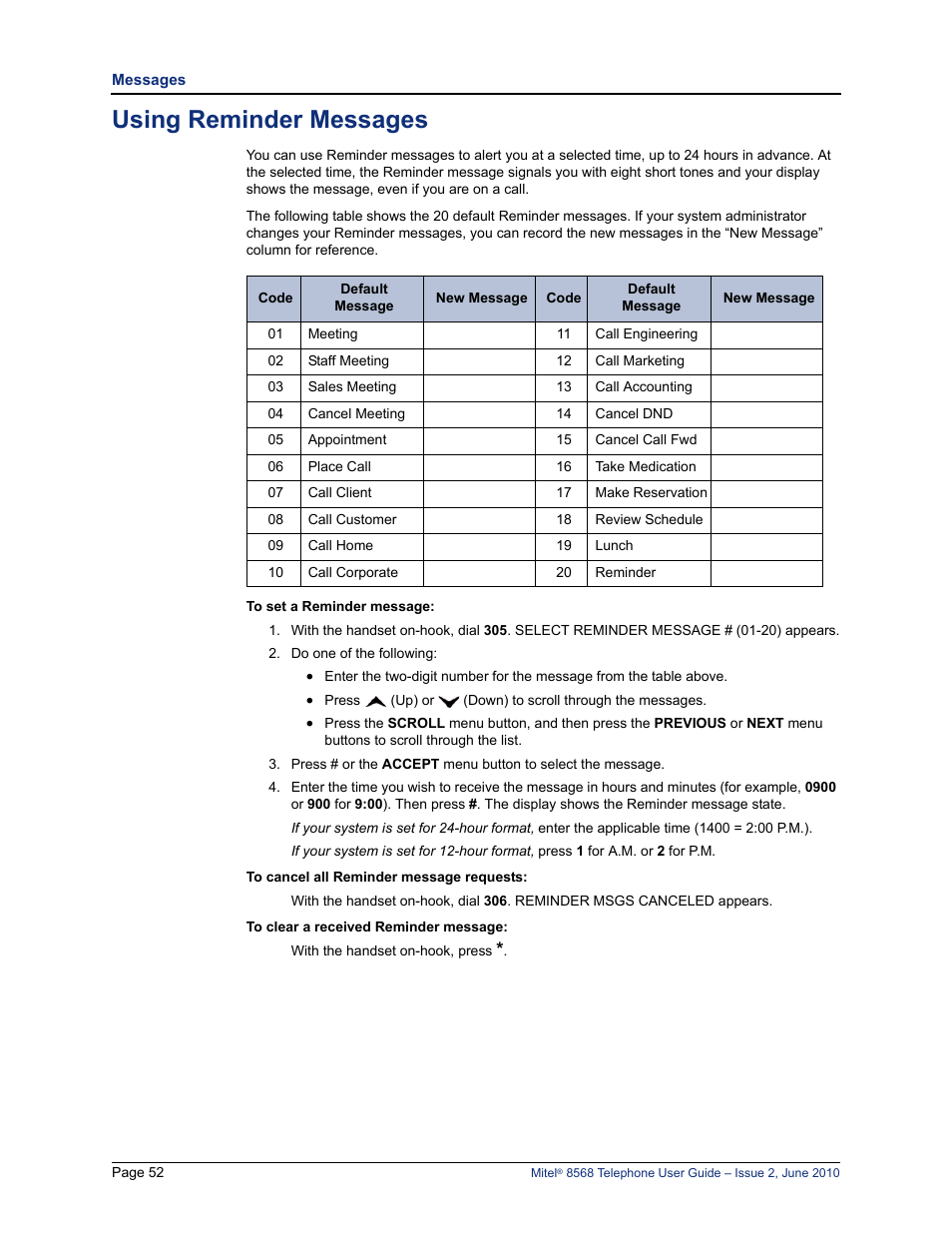 Using reminder messages, E “using reminder messages” on | Mitel 8568 User Manual | Page 66 / 86
