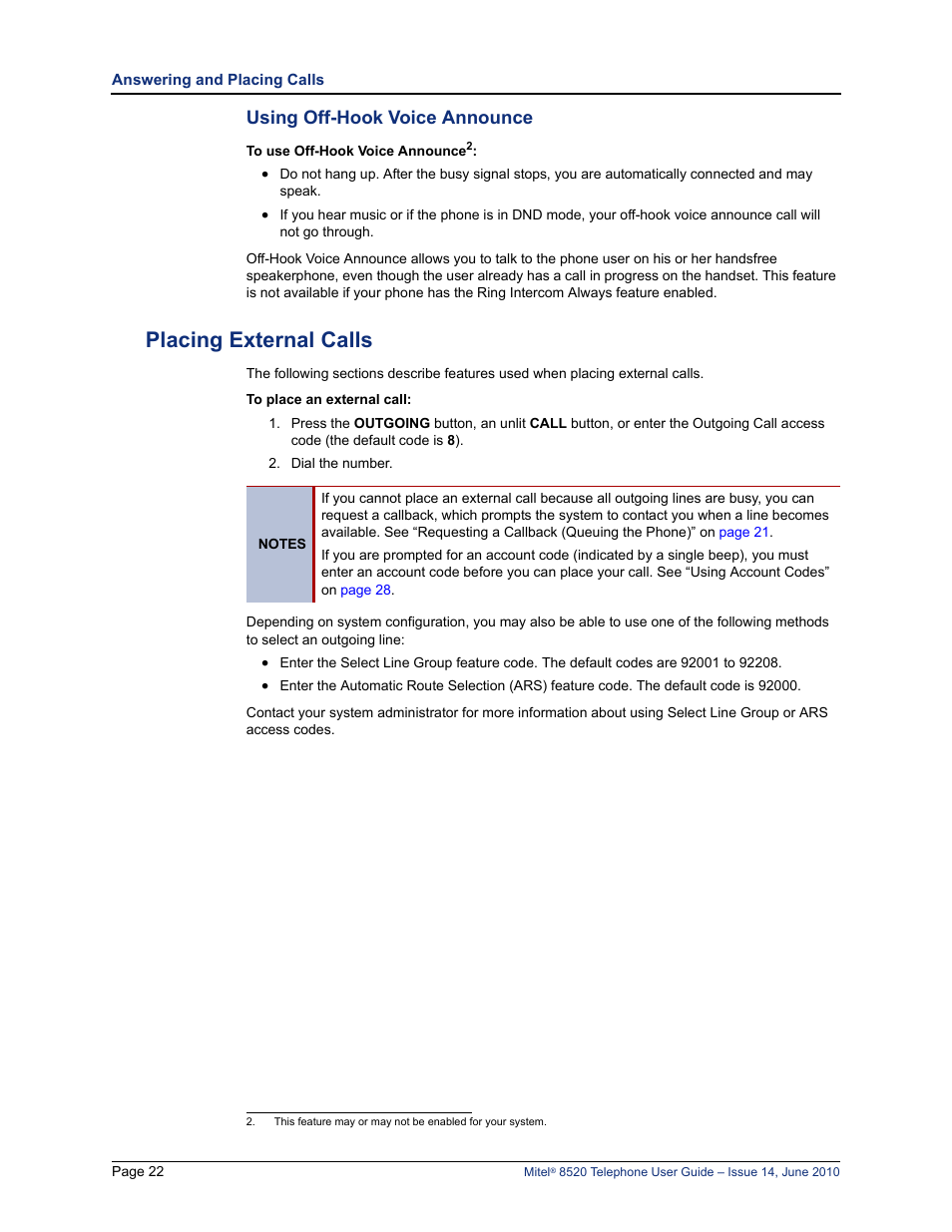 Using off-hook voice announce, Placing external calls | Mitel 8520 User Manual | Page 34 / 76