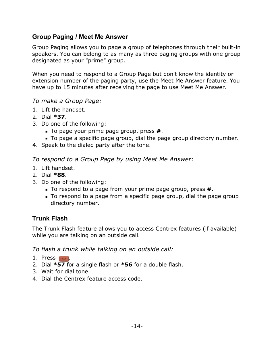 Group paging / meet me answer, Trunk flash | Mitel T7100 User Manual | Page 18 / 20
