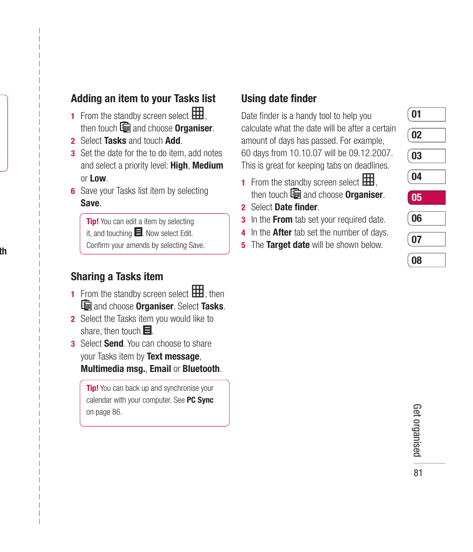 Adding an item to your tasks list, Sharing a tasks item, Using date ﬁ nder | Mitel KU990 User Manual | Page 81 / 104