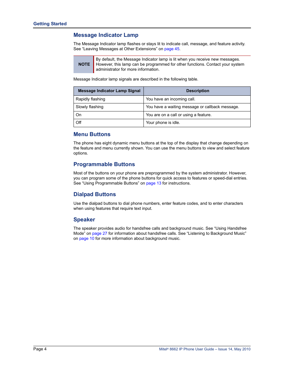 Message indicator lamp, Menu buttons, Programmable buttons | Dialpad buttons, Speaker | Mitel 8662 User Manual | Page 18 / 78