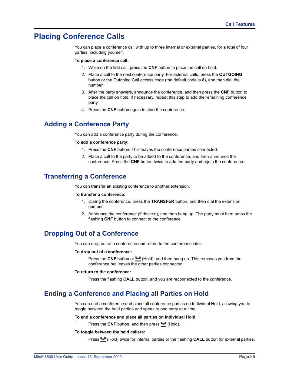 Placing conference calls, Adding a conference party, Transferring a conference | Dropping out of a conference | Mitel 8500 User Manual | Page 37 / 60