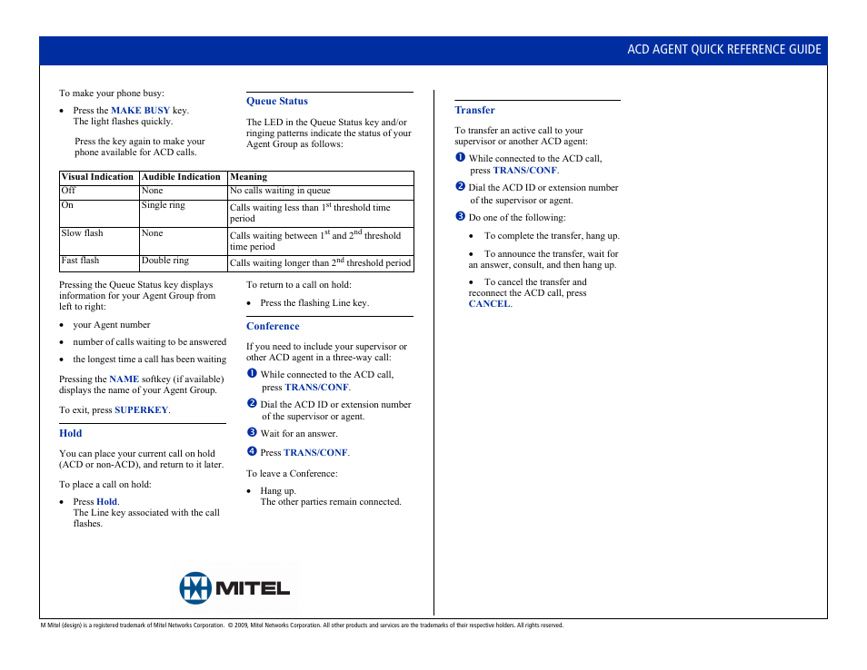 Acd agent quick reference guide | Mitel 3300 User Manual | Page 2 / 2