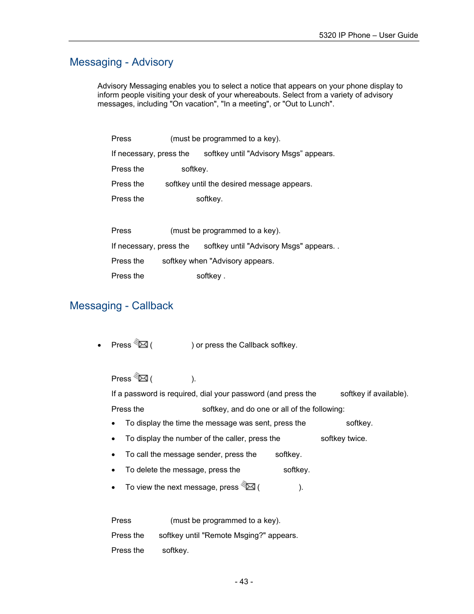 Messaging - advisory, Messaging - callback | Mitel COMMUNICATION DIRECTOR 5320 User Manual | Page 49 / 58