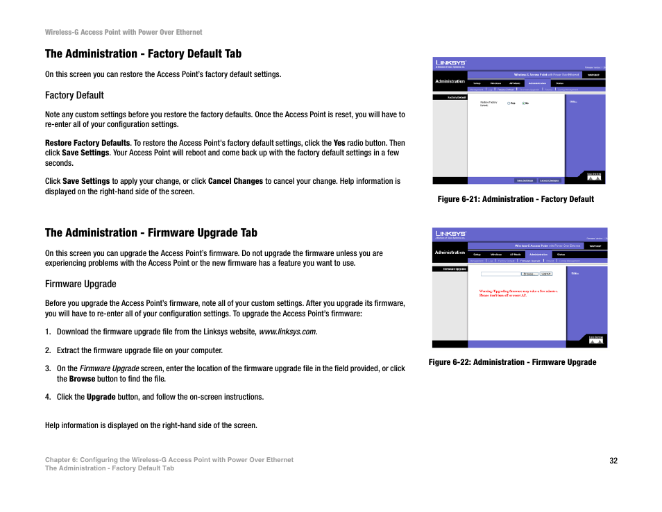 The administration - factory default tab, The administration - firmware upgrade tab | Mitel WAP54GP User Manual | Page 38 / 68