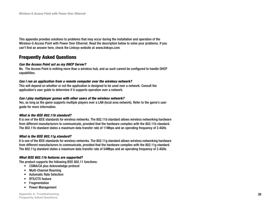Appendix a: troubleshooting, Frequently asked questions | Mitel WAP54GP User Manual | Page 45 / 68