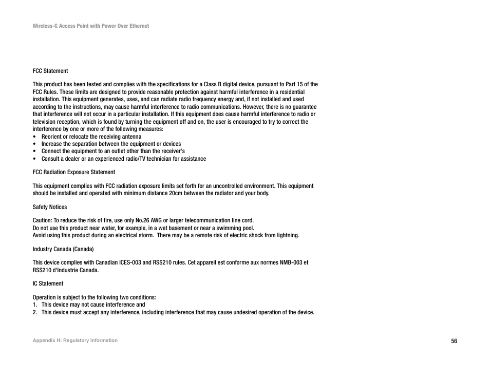 Appendix h: regulatory information | Mitel WAP54GP User Manual | Page 62 / 68