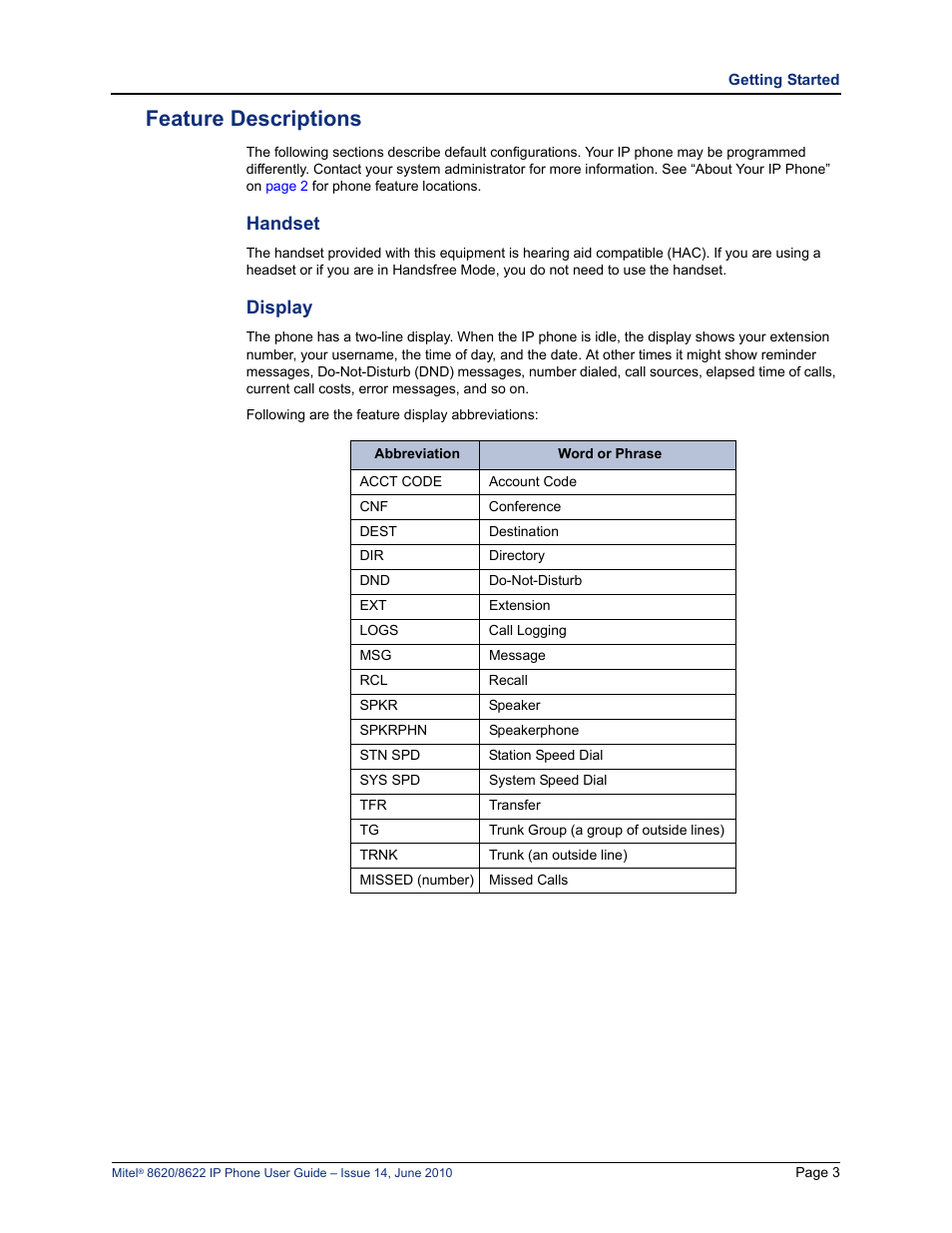 Feature descriptions, Handset, Display | Handset display | Mitel 8620 User Manual | Page 17 / 80