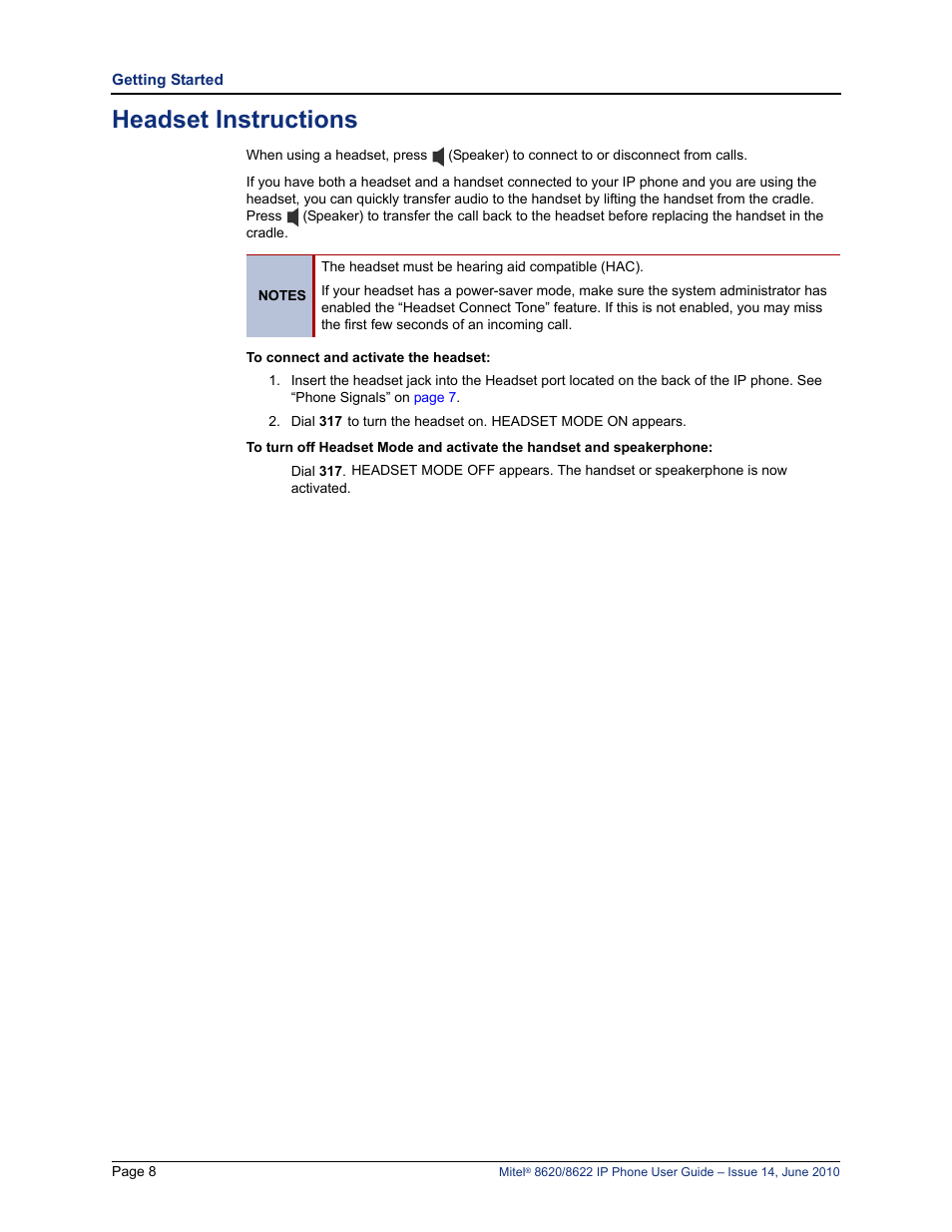 Headset instructions, Headset instructions” on | Mitel 8620 User Manual | Page 22 / 80
