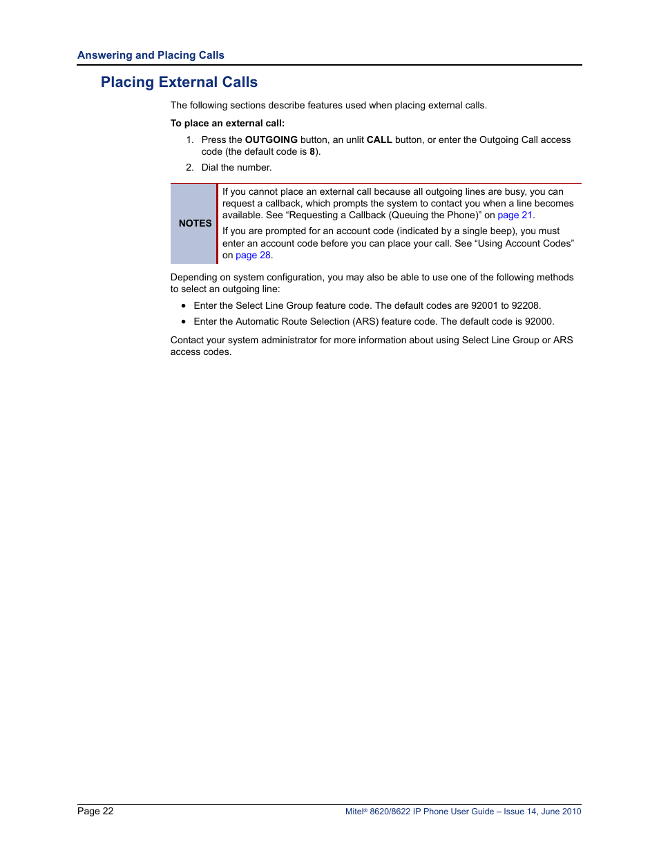 Placing external calls | Mitel 8620 User Manual | Page 36 / 80