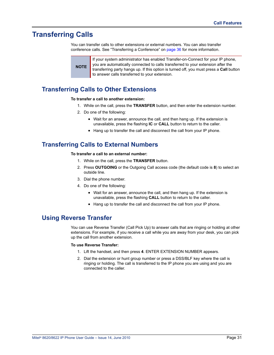 Transferring calls, Transferring calls to other extensions, Transferring calls to external numbers | Using reverse transfer | Mitel 8620 User Manual | Page 45 / 80
