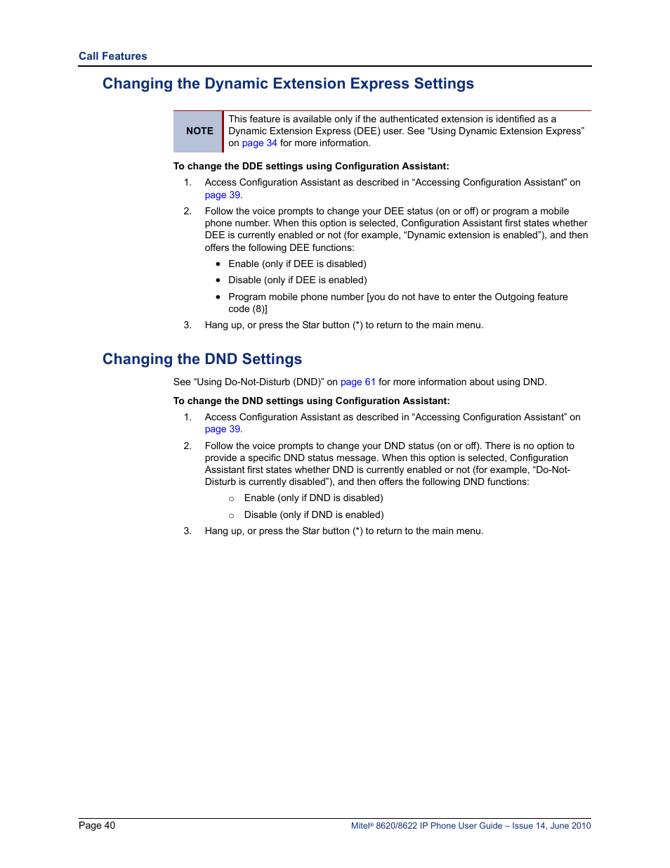 Changing the dynamic extension express settings, Changing the dnd settings | Mitel 8620 User Manual | Page 54 / 80
