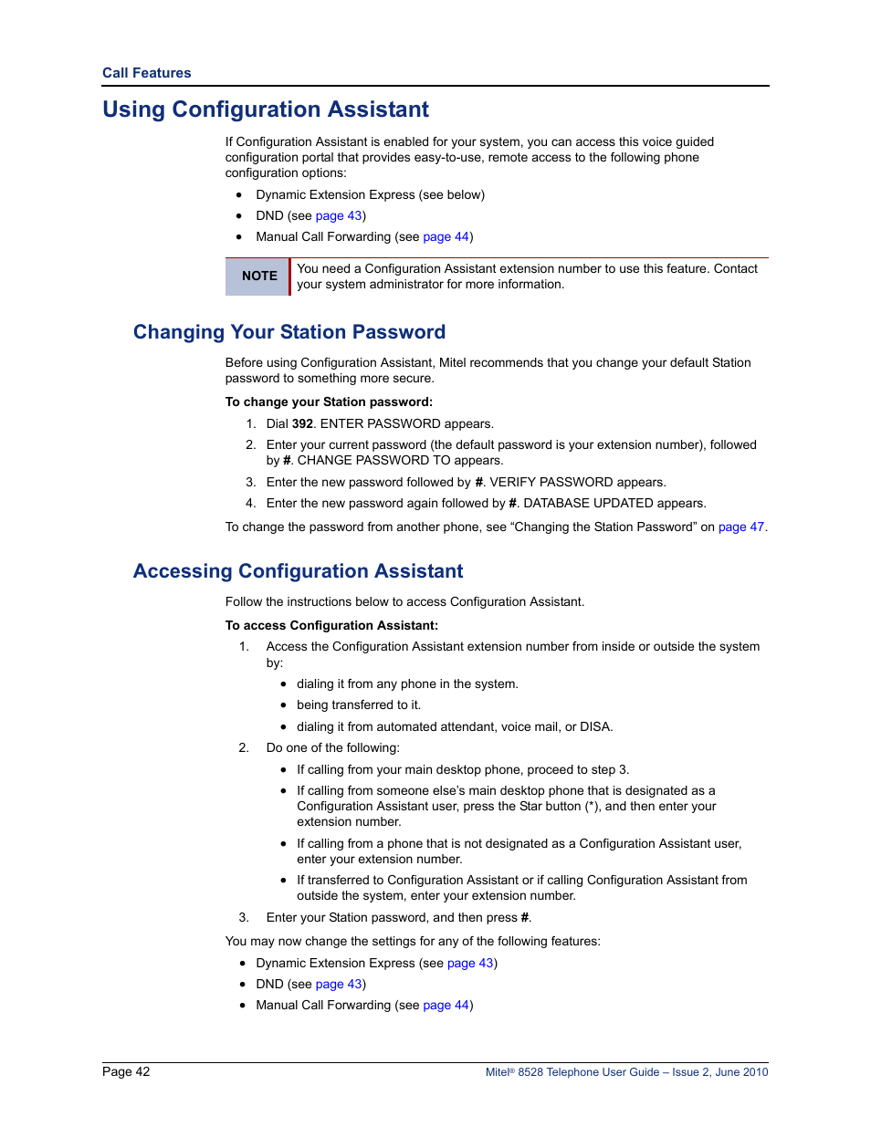 Using configuration assistant, Changing your station password, Accessing configuration assistant | Mitel 8528 User Manual | Page 56 / 86