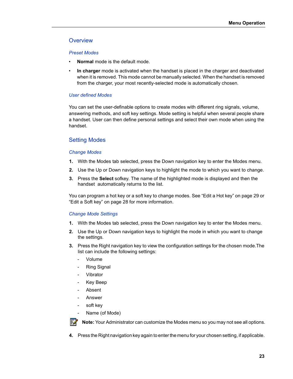 Overview, Setting modes, Overview setting modes | Mitel 5606 User Manual | Page 29 / 50