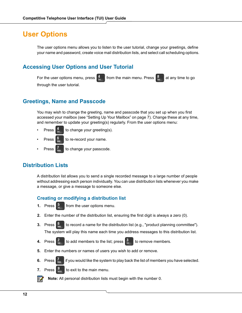 User options, Accessing user options and user tutorial, Greetings, name and passcode | Distribution lists, Creating or modifying a distribution list | Mitel TUI User Manual | Page 12 / 14