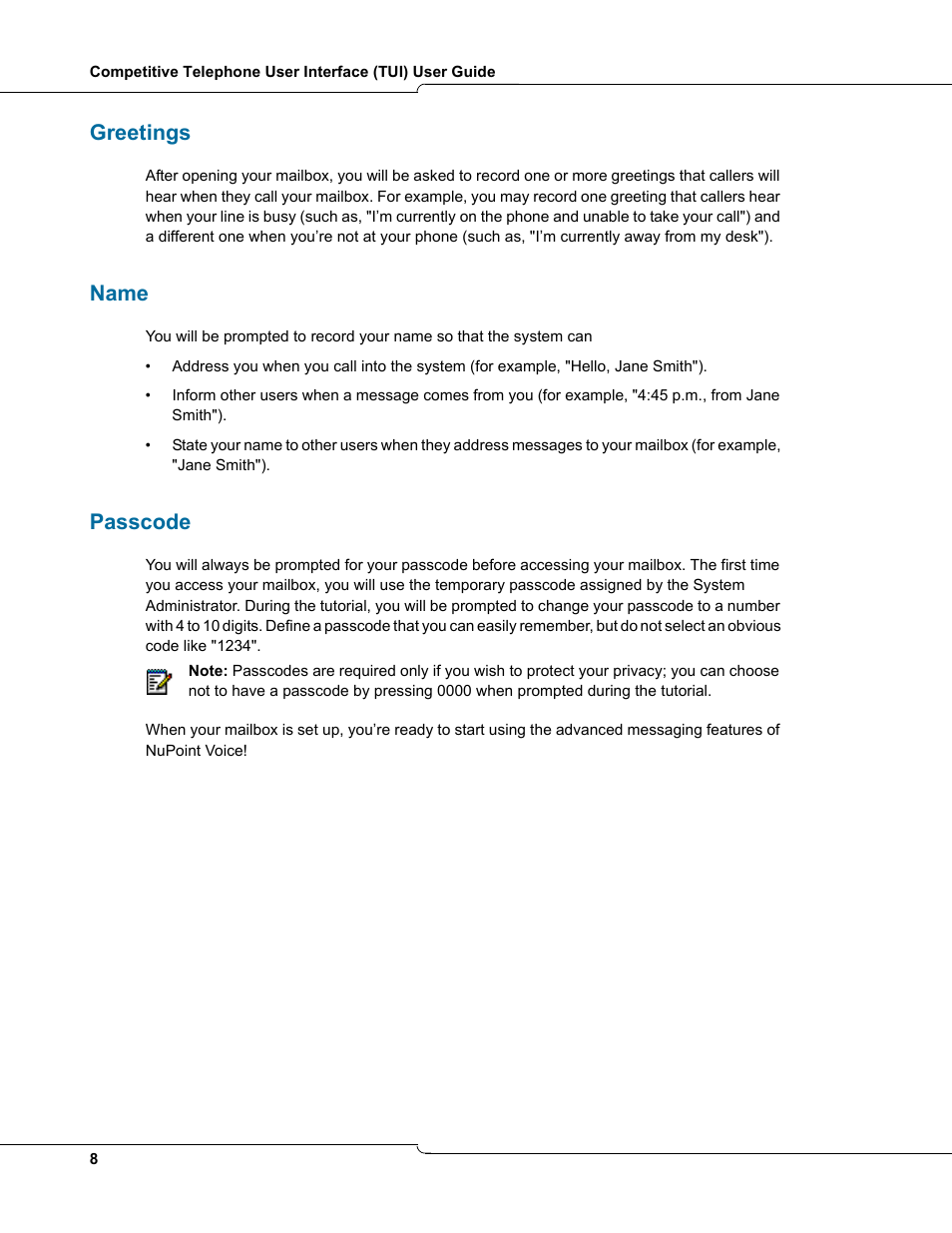 Greetings, Name, Passcode | Greetings name passcode | Mitel TUI User Manual | Page 8 / 14