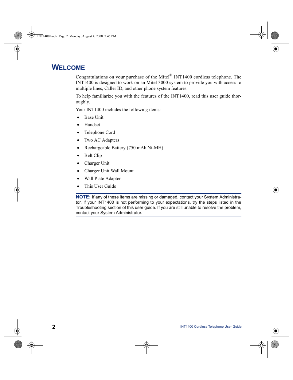 Welcome, Elcome | Mitel INT1400 User Manual | Page 13 / 43