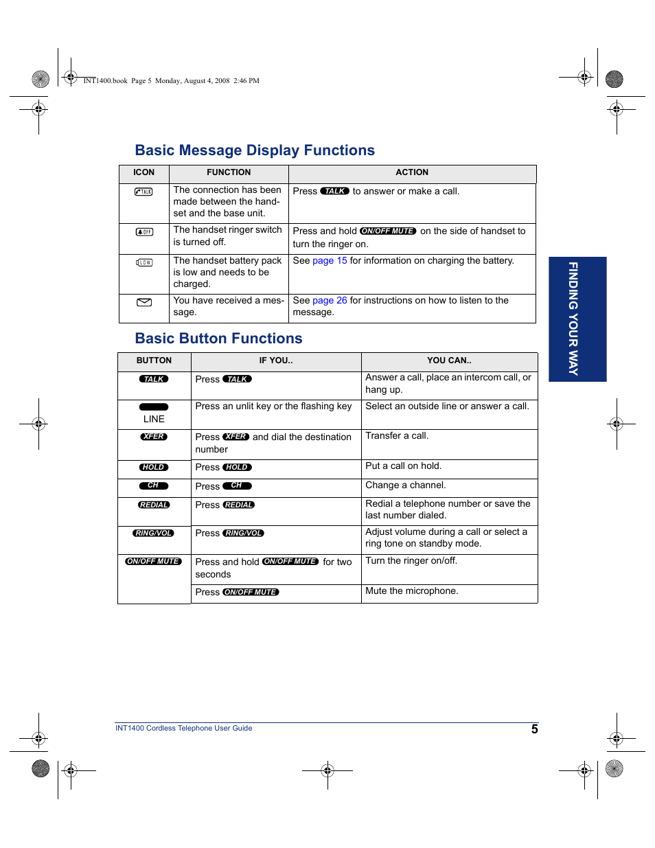 Basic message display functions, Basic button functions, Fin d ing your w a y | Mitel INT1400 User Manual | Page 16 / 43