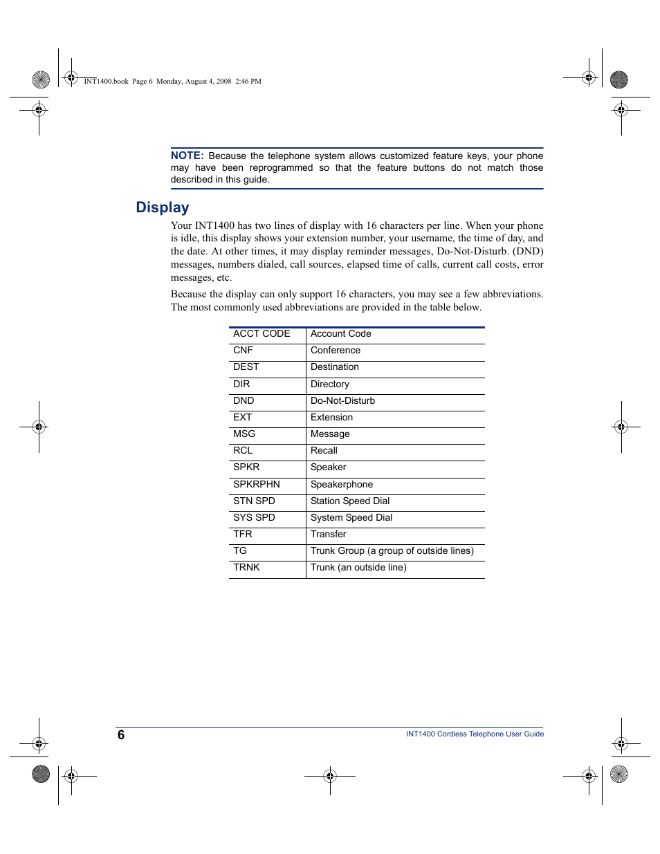 Display | Mitel INT1400 User Manual | Page 17 / 43