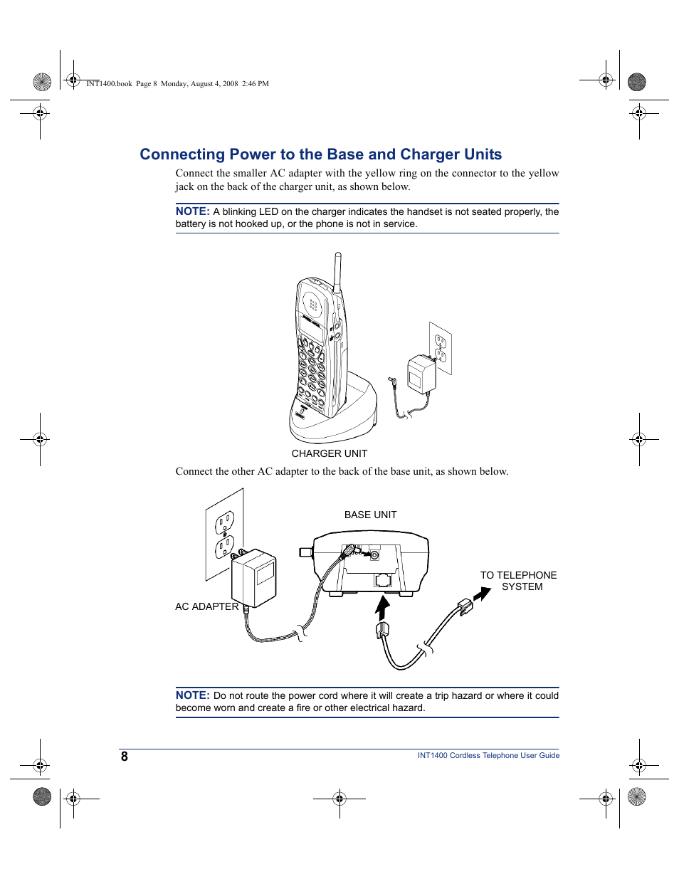 Connecting power to the base and charger units | Mitel INT1400 User Manual | Page 19 / 43