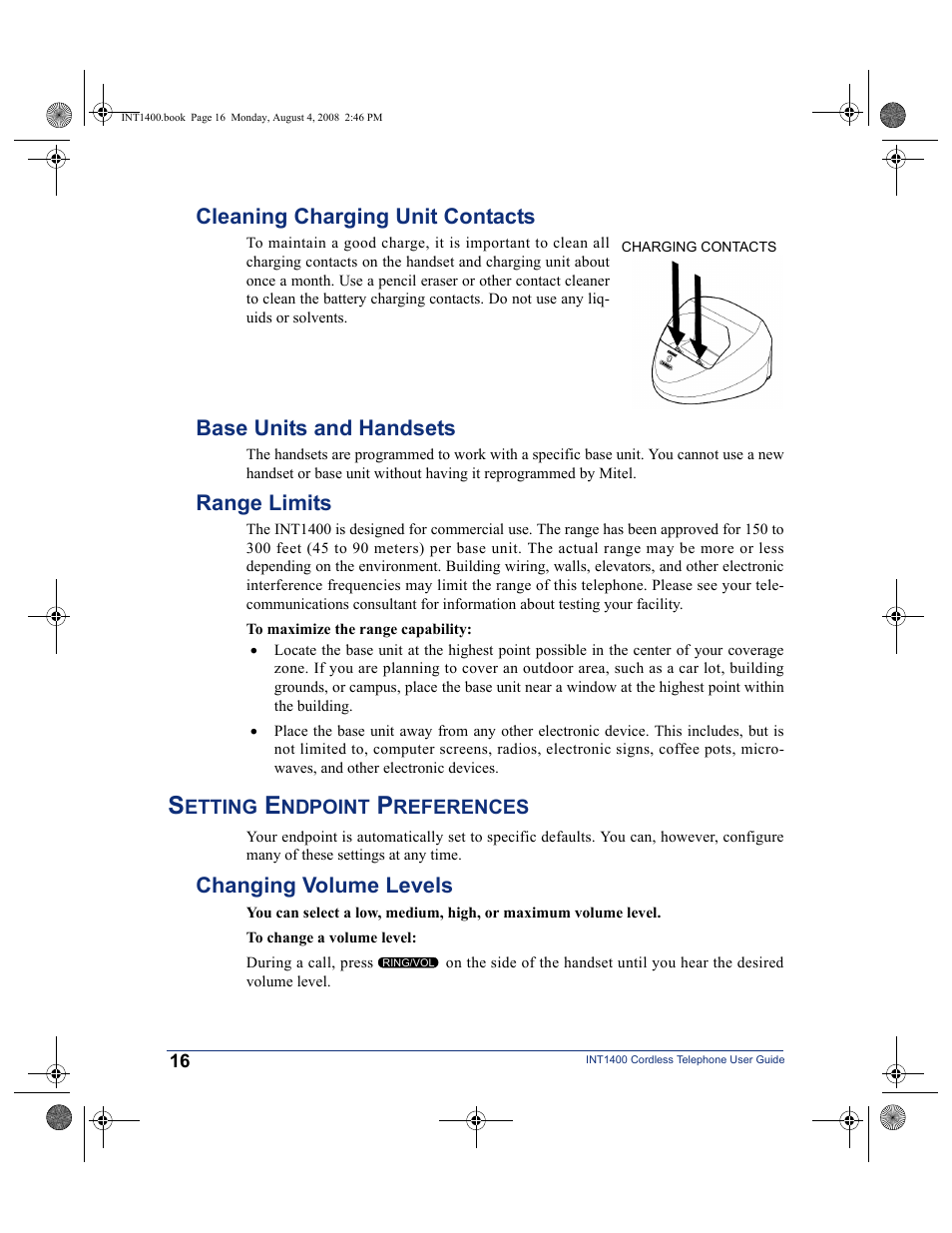 Cleaning charging unit contacts, Base units and handsets, Range limits | Setting endpoint preferences, Changing volume levels | Mitel INT1400 User Manual | Page 27 / 43