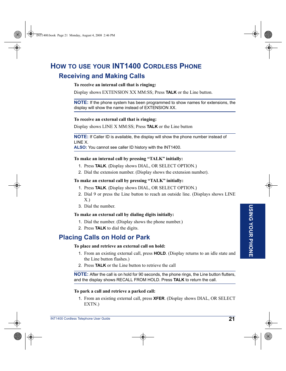How to use your int1400 cordless phone, Receiving and making calls, Placing calls on hold or park | Int1400 c | Mitel INT1400 User Manual | Page 32 / 43