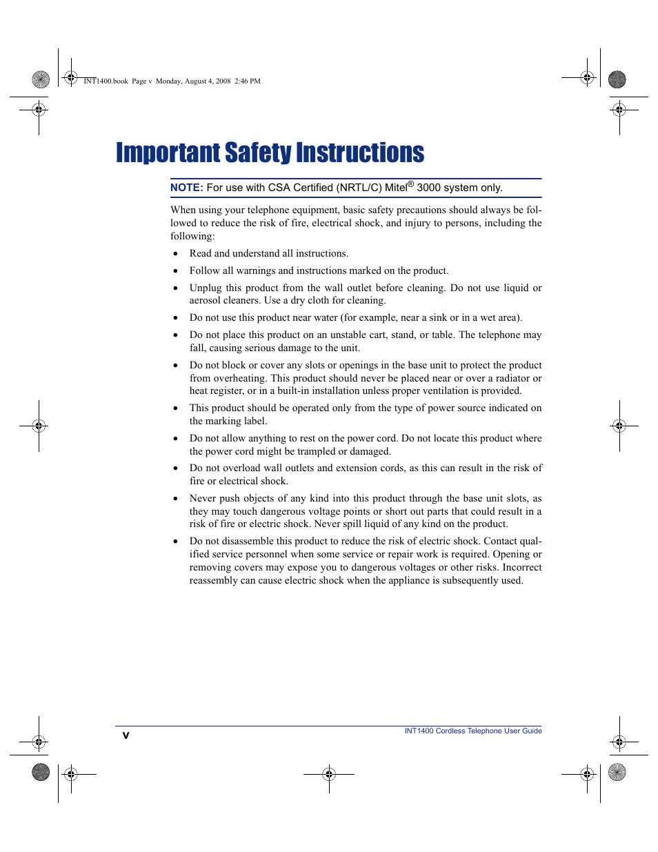 Important safety instructions | Mitel INT1400 User Manual | Page 6 / 43