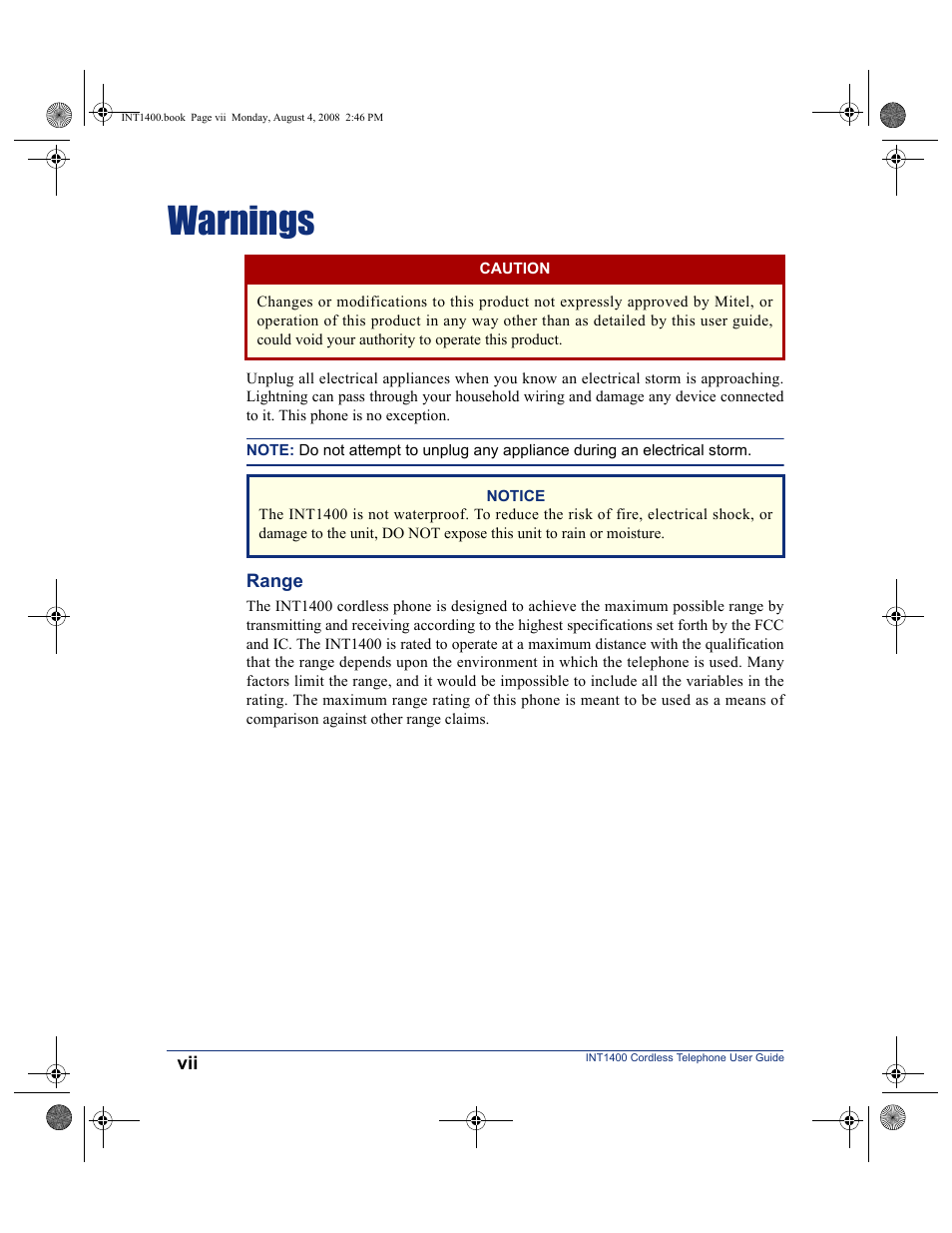 Warnings | Mitel INT1400 User Manual | Page 8 / 43