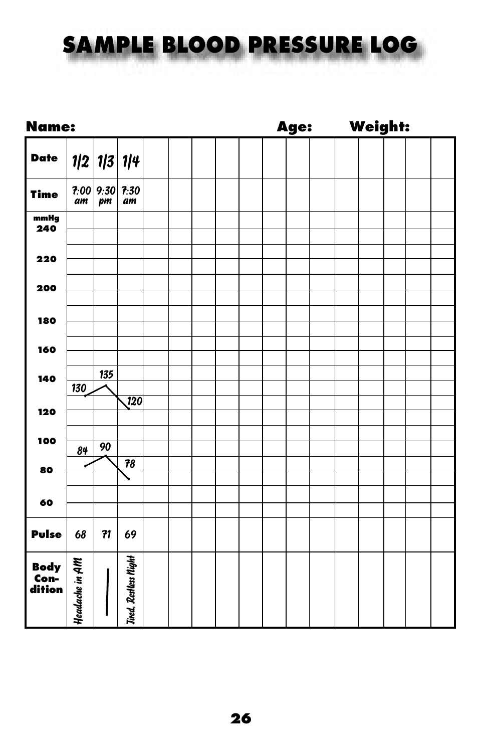 Sample blood pressure log, 26 name: age: weight | MABIS/Duro-Med 04-255-001 User Manual | Page 28 / 28