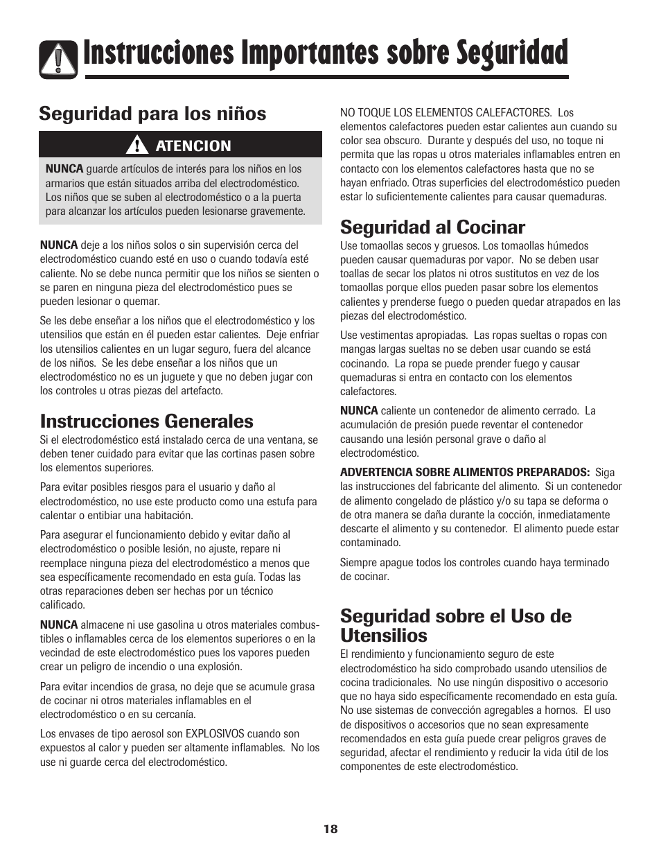 Instrucciones importantes sobre seguridad, Seguridad para los niños, Instrucciones generales | Seguridad al cocinar, Seguridad sobre el uso de utensilios | Maytag MEC4436AAW User Manual | Page 19 / 24