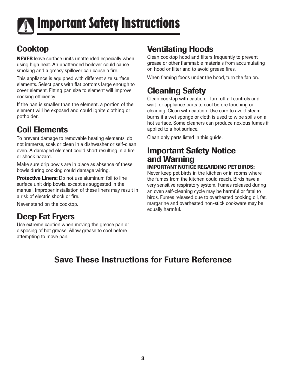 Important safety instructions, Coil elements, Deep fat fryers | Ventilating hoods, Cleaning safety, Important safety notice and warning | Maytag MEC4436AAW User Manual | Page 4 / 24