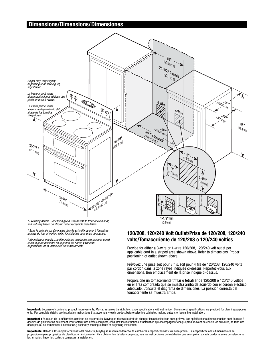 Dimensions/dimensions/dimensiones | Maytag MER6775 User Manual | Page 9 / 14