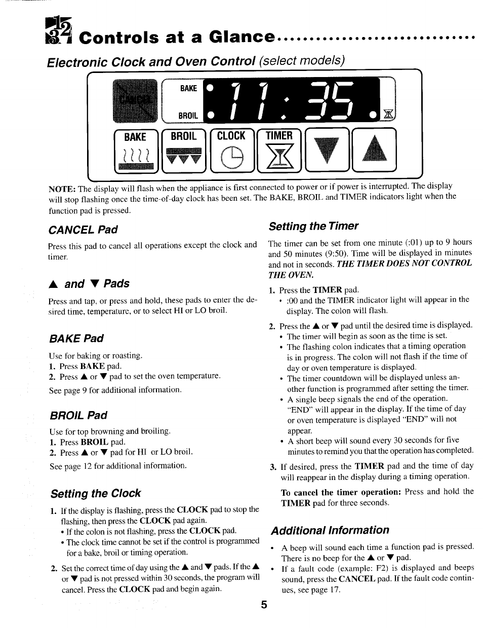 Controls at a glance, Electronic clock and oven control (select models), Cancel pad | And ▼ pads, Bake pad, Broil pad, Setting the clock, Setting the timer, Additional information, Controls at a glance -6 | Maytag MER4530 User Manual | Page 6 / 20